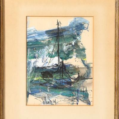 Gino Hollander Mid Century Ink Acrylic Abstracted Painting of Sailboat by Gino Hollander