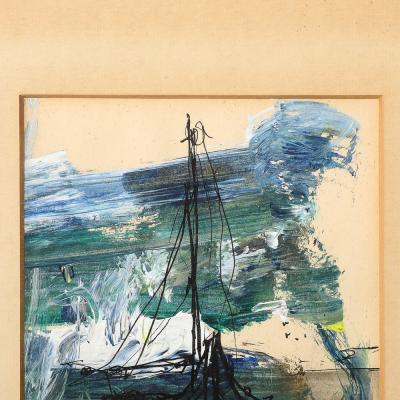 Gino Hollander Mid Century Ink Acrylic Abstracted Painting of Sailboat by Gino Hollander