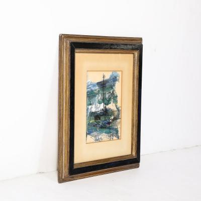 Gino Hollander Mid Century Ink Acrylic Abstracted Painting of Sailboat by Gino Hollander