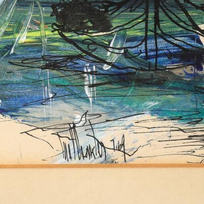 Gino Hollander Mid Century Ink Acrylic Abstracted Painting of Sailboat by Gino Hollander