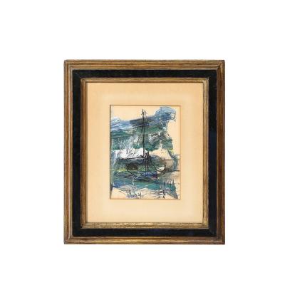 Gino Hollander Mid Century Ink Acrylic Abstracted Painting of Sailboat by Gino Hollander
