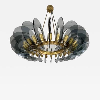 Gino Paroldo Brass and Glass Chandelier by Gino Paroldo Italy 1970s