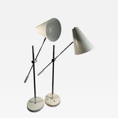 Gino Sarfatti MODERNIST ADJUSTABLE WHITE ENAMEL CHROME CONE SHADE LAMPS