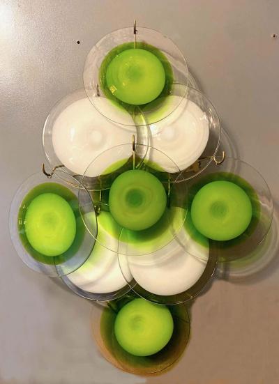 Gino Vistosi Pair of Green and White Vistosi Disc Murano Glass Sconces or Wall Light 1970s