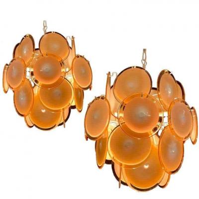 Gino Vistosi Pair of Midcentury Amber Murano Glass Discs Italian Chandeliers 1970s
