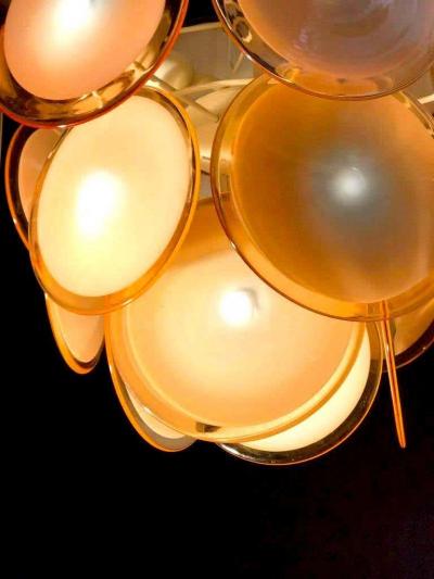 Gino Vistosi Pair of Midcentury Amber Murano Glass Discs Italian Chandeliers 1970s