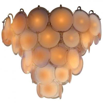 Gino Vistosi Pair of Midcentury Amber Murano Glass Discs Italian Chandeliers 1970s