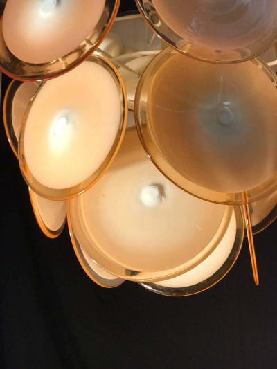 Gino Vistosi Pair of Midcentury Amber Murano Glass Discs Italian Chandeliers 1970s
