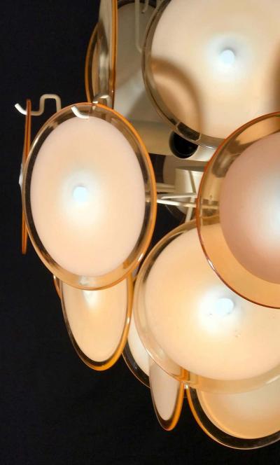 Gino Vistosi Pair of Midcentury Amber Murano Glass Discs Italian Chandeliers 1970s
