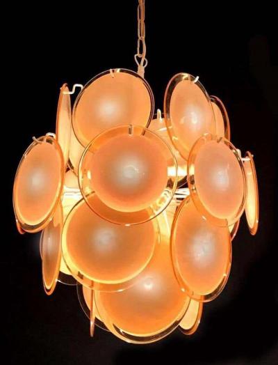 Gino Vistosi Pair of Midcentury Amber Murano Glass Discs Italian Chandeliers 1970s