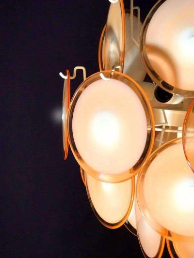 Gino Vistosi Pair of Midcentury Amber Murano Glass Discs Italian Chandeliers 1970s