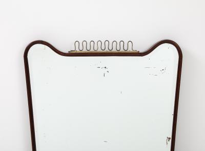 Gio Ponti 1950s Italian Modernist Molded Walnut Mirror with Brass Scroll Decoration