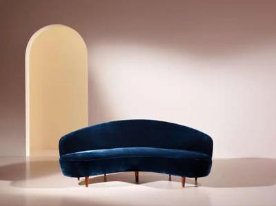 Gio Ponti Curved sofa in wood and velvet upholstery Italy 1950s
