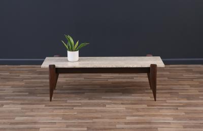 Gio Ponti Gio Ponti Sculpted Walnut Travertine Coffee Table for Singers Sons
