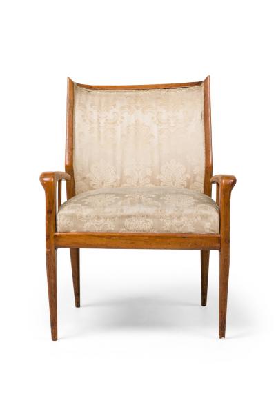 Gio Ponti Gio Ponti Style Italian Mid Century Walnut and Damask Curved Back Armchair