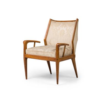 Gio Ponti Gio Ponti Style Italian Mid Century Walnut and Damask Curved Back Armchair
