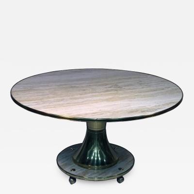 Gio Ponti Gio Ponti Style Italian Round Travertine Marble and Brass Dining Table