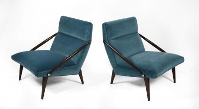 Gio Ponti Gio Ponti Velvet Lounge Chairs in Walnut Brass for M Singer and Sons 1950s