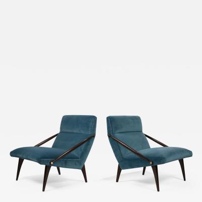 Gio Ponti Gio Ponti Velvet Lounge Chairs in Walnut Brass for M Singer and Sons 1950s