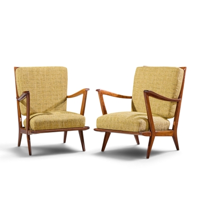Gio Ponti Gio Ponti for Cassina Model 516 Mid Century Walnut Lounge Chairs Pair