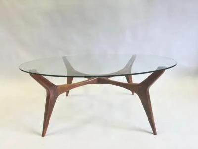 Gio Ponti Italian Mid Century Modern Walnut Glass Circular Coffee Table by Gio Ponti
