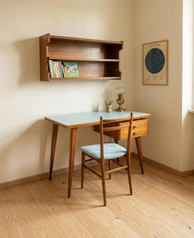 Gio Ponti Italian Midcentury Desk and Chair with suspended bookcase Gi Ponti Style