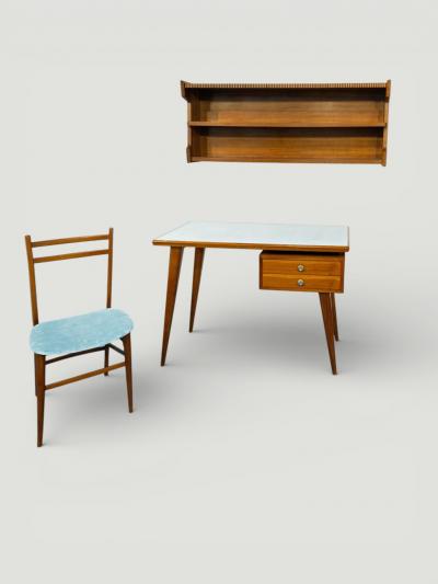 Gio Ponti Italian Midcentury Desk and Chair with suspended bookcase Gi Ponti Style