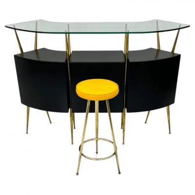 Gio Ponti Italian Modern Gio Ponti Style Brass Ebonized Bar with Stool 1950s