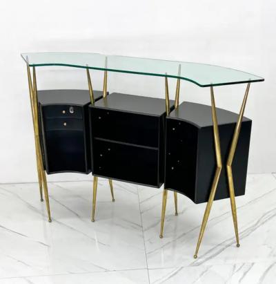 Gio Ponti Italian Modern Gio Ponti Style Brass Ebonized Bar with Stool 1950s