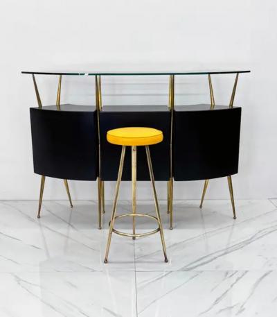 Gio Ponti Italian Modern Gio Ponti Style Brass Ebonized Bar with Stool 1950s