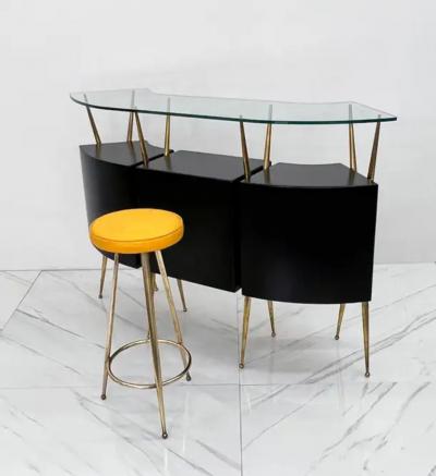 Gio Ponti Italian Modern Gio Ponti Style Brass Ebonized Bar with Stool 1950s