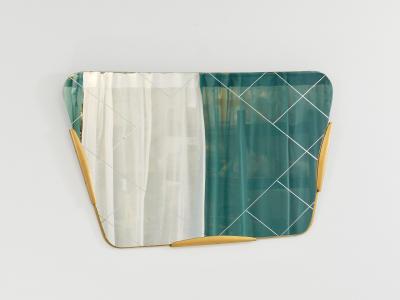 Gio Ponti Large Trapezoidal Golden Wall Mirror With Engraved Diamond Pattern Austria