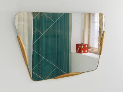 Gio Ponti Large Trapezoidal Golden Wall Mirror With Engraved Diamond Pattern Austria