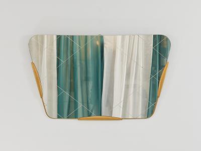 Gio Ponti Large Trapezoidal Golden Wall Mirror With Engraved Diamond Pattern Austria