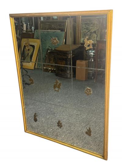 Gio Ponti MODERNE ITALIAN ETCHED MIRROR WITH BRASS ANIMALS FLOWERS IN GILT WOOD FRAME