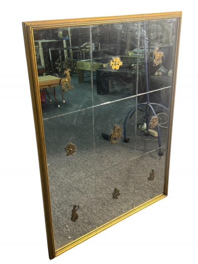 Gio Ponti MODERNE ITALIAN ETCHED MIRROR WITH BRASS ANIMALS FLOWERS IN GILT WOOD FRAME