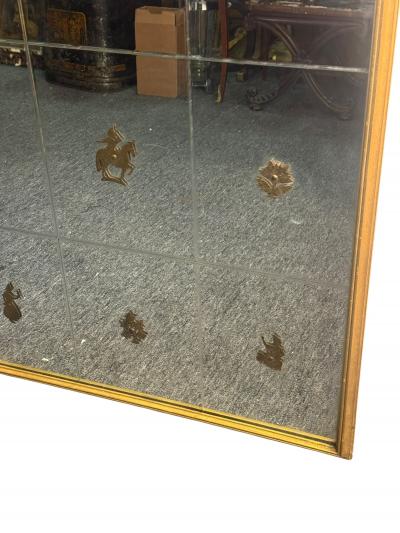 Gio Ponti MODERNE ITALIAN ETCHED MIRROR WITH BRASS ANIMALS FLOWERS IN GILT WOOD FRAME