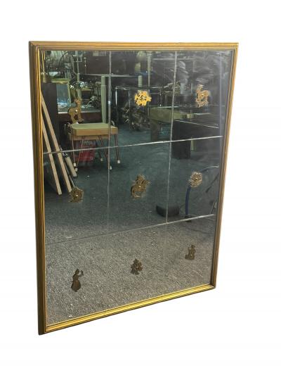 Gio Ponti MODERNE ITALIAN ETCHED MIRROR WITH BRASS ANIMALS FLOWERS IN GILT WOOD FRAME