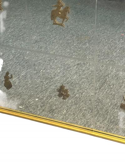 Gio Ponti MODERNE ITALIAN ETCHED MIRROR WITH BRASS ANIMALS FLOWERS IN GILT WOOD FRAME