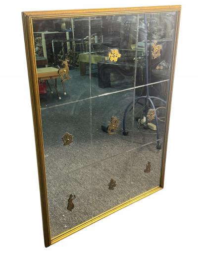 Gio Ponti MODERNE ITALIAN ETCHED MIRROR WITH BRASS ANIMALS FLOWERS IN GILT WOOD FRAME