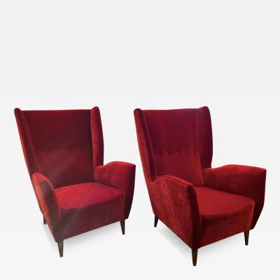 Gio Ponti Pair Gio Ponti wingback armchair in Venetian red velvet
