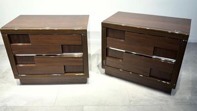 Gio Ponti Pair Italian Modern Dark Walnut and Chrome Banded Night Stands Manner of Ponti