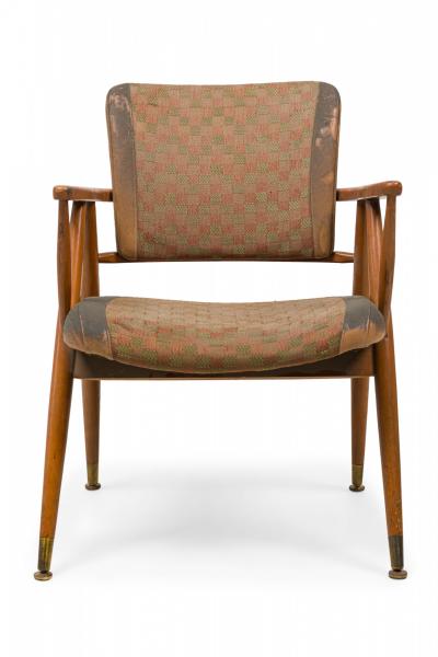 Gio Ponti Pair of Gray and Beige Geometric Upholstered Armchairs manner of Gio Ponti