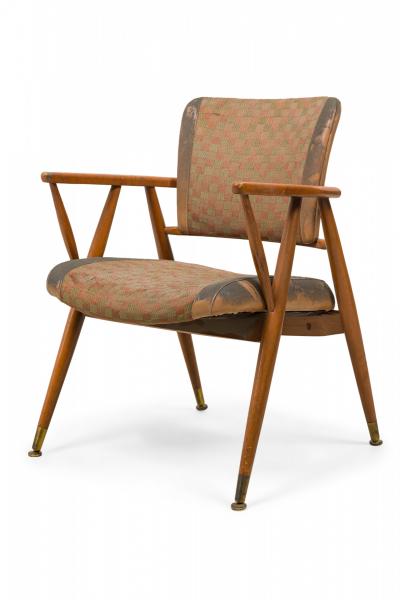 Gio Ponti Pair of Gray and Beige Geometric Upholstered Armchairs manner of Gio Ponti