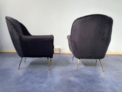Gio Ponti Pair of Italian Midcentury Midnight Blue Velvet Armchairs Gio Ponti Style 1950s