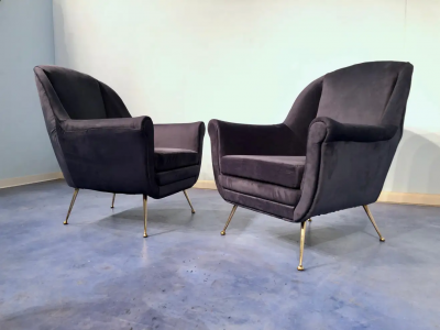 Gio Ponti Pair of Italian Midcentury Midnight Blue Velvet Armchairs Gio Ponti Style 1950s
