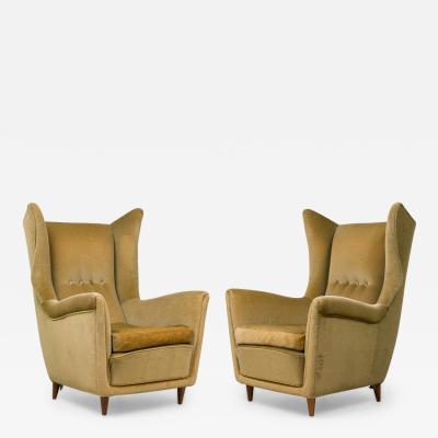 Gio Ponti Pair of Italian Modern Gold Velvet Upholstered Lounge Armchairs