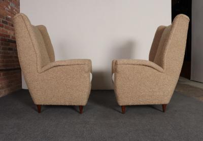 Gio Ponti Pair of Italian Modernist High Back Lounge Chairs in Two Tone Boucl and Walnut