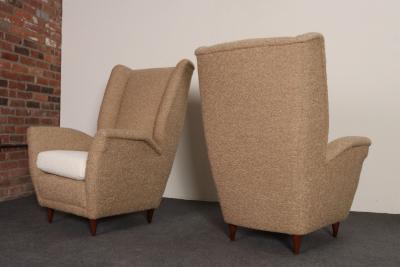 Gio Ponti Pair of Italian Modernist High Back Lounge Chairs in Two Tone Boucl and Walnut