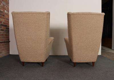 Gio Ponti Pair of Italian Modernist High Back Lounge Chairs in Two Tone Boucl and Walnut